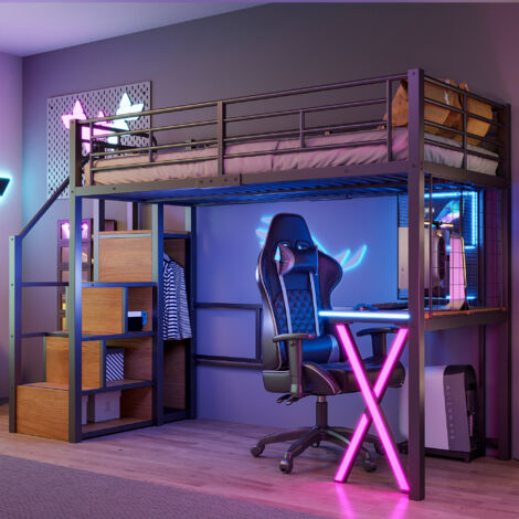 Cama alta juvenil 90×200cm, con escritorio y armario, LED, sin colchón, metal, color negro