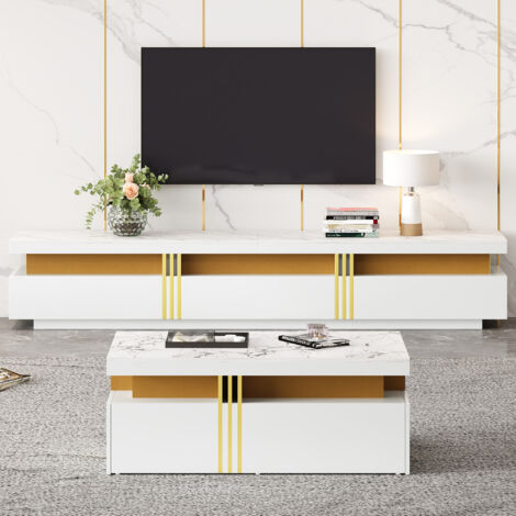 Conjunto de muebles de sala, mesa de centro y soporte para TV (compatible con televisores de hasta 90"), chapa de mármol, blanco (1/5)