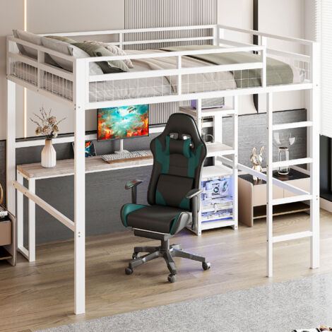 Cama alta para niño/adulto de 140×200 cm, con escritorio y enchufe, USB+Tipo C, anticaída, sin colchón, de metal, color blanco (1/5)