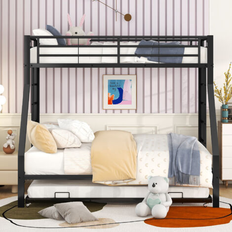 Literas metálicas 90/140x200 cm con 1 cama nido 90x190cm, cama infantil, sin colchón, Negro