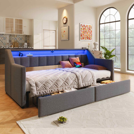 Sofá cama infantil LED 90x200cm con cama nido, 2 cajones, puerto USB + Tipo-C, sin colchón, lino, gris