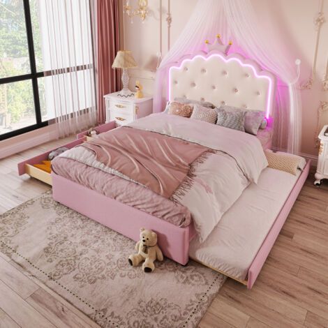 Cama nido tapizada adulto/niño 140x200 cm, con 2 cajones, LED, cabecero corona, sin colchón, PU, color rosa