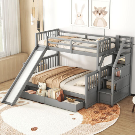 Litera 90/140x200cm, cama infantil con tobogán, con cajones, escalera de almacenaje, sin colchón, pino, gris