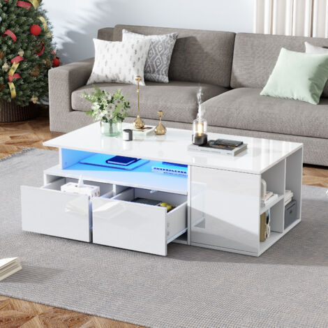 Mesa de centro LED rectangular con espacio de almacenaje, 2 cajones, para salón o dormitorio, 100x50x35 cm, color blanco