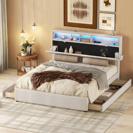 Cama adulto, cama doble, USB, LED, cabecero con almacenaje, Lino - 4 cajones, 140x200cm, Cabecero ajustable, beige, sin colchón (1/5)