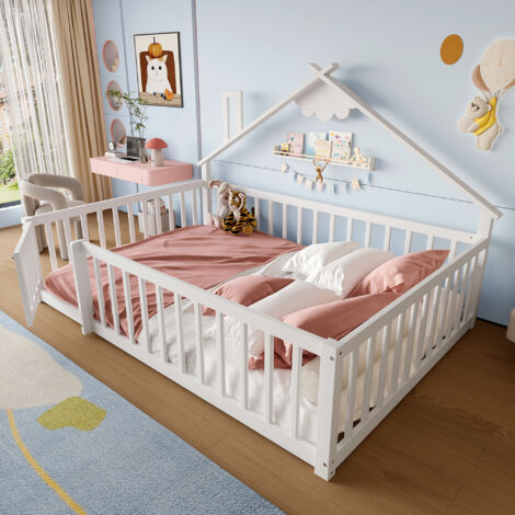 Cama infantil de madera para 2 personas 140×190cm, cama alta, somier de láminas, barandillas de seguridad, sin colchón, color blanco