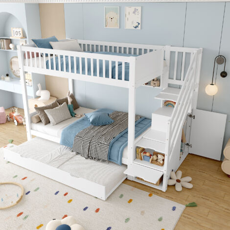 Litera infantil de madera 90×190/200cm, con cama nido, armario y escalera de almacenaje, anticaídas, sin colchón, color blanco