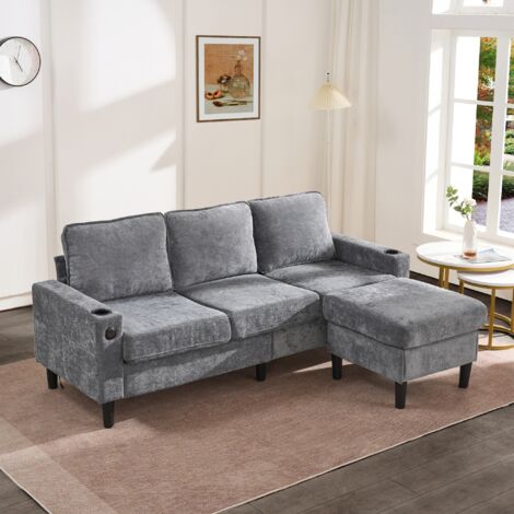 Sofá de salón recto de 3 plazas 202×137×80 cm, USB+Tipo C, con 1 taburete, 2 portavasos, lino, gris (1/5)