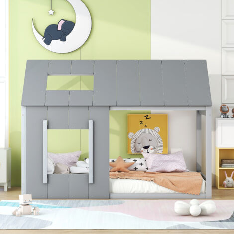 Cama infantil de madera 90×200cm, individual, diseño en forma de casa, sin colchón, color gris