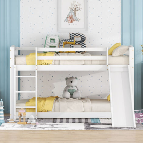 Litera/entrepiso, cama infantil 90x200cm con protección, madera y MDF, color blanco, con tobogán (1/5)
