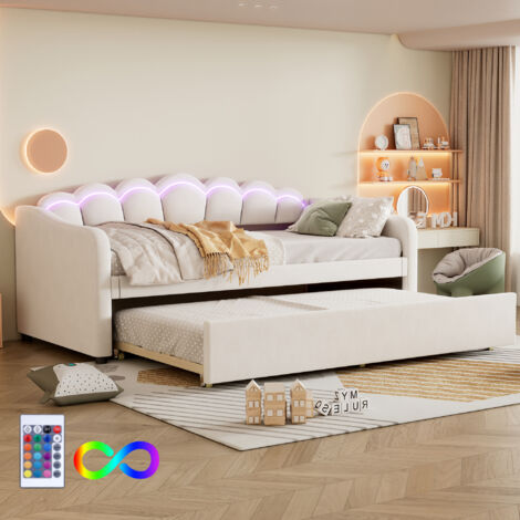 Cama individual 90x200cm, sofá cama nido, cama para niños, terciopelo, LED, sin colchón, beige