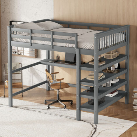 Cama alta 140x200cm, cama infantil con escritorio bajo la cama + estantería, sin colchón, color gris