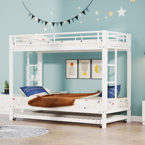Litera 90×200cm, cama infantil, con cama nido 90×190cm, metal, anticaída, sin colchón, color blanco