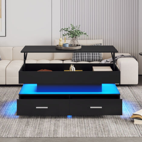 Mesas de centro elevables 100x50x44 cm, con LED, 2 cajones y compartimento de almacenaje abierto, color negro