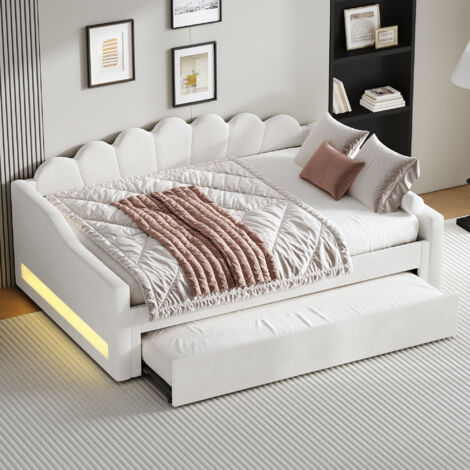 Sofá cama LED adulto 140x200cm con cama nido 90x190cm, cama doble, somier acolchado, sin colchón, color beige