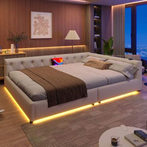 Sofá cama adulto 140x200cm, tapizado LED, puerto USB + Tipo C, somier de láminas, sin colchón, lino, beige