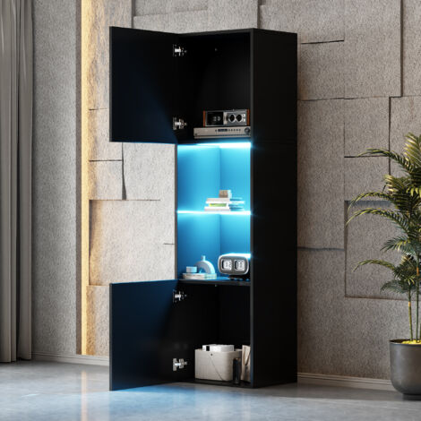 Vitrina brillante 45x35x160 cm, con 1 estante de cristal, armario alto, mueble de almacenaje, color negro