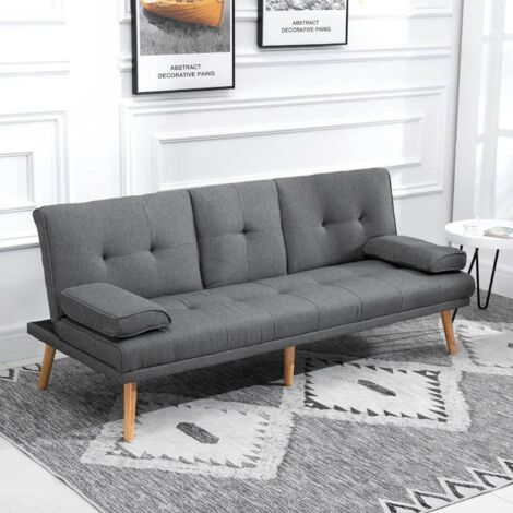 Sofá cama con portavasos gris claro, sofá de salón de 3 plazas, respaldo ajustable, poliéster, 181×77×78 cm (1/5)