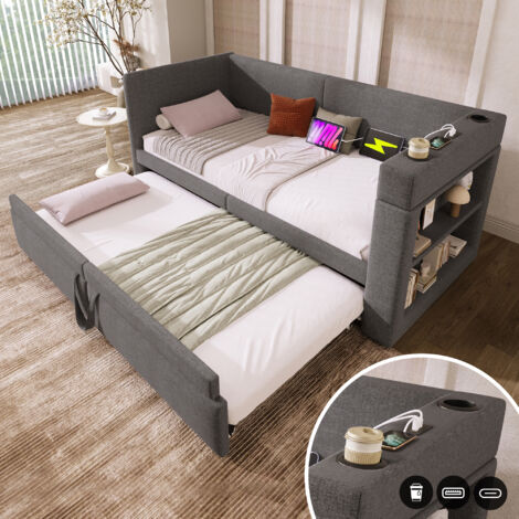 Sofá cama infantil de 90×180/200 cm con cama extraíble, USB + Tipo C, almacenaje abierto, somier de láminas, colchón no incluido, tapizado en lino, gris