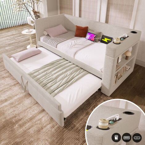 Sofá cama infantil de 90×180/190 cm con cama extraíble, USB + Tipo C, almacenaje abierto, somier de láminas, colchón no incluido, tapizado en lino, color beige