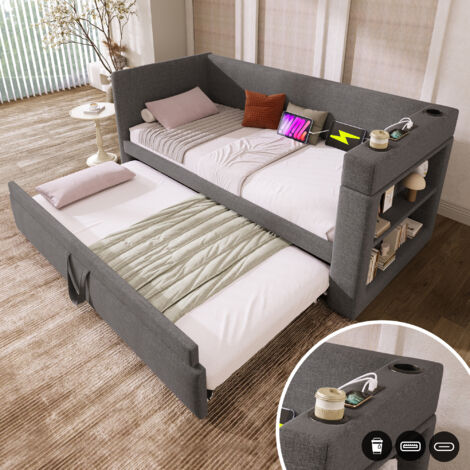 Sofá cama infantil de 90×180/190 cm con cama extraíble, USB + Tipo C, almacenaje abierto, somier de láminas, colchón no incluido, tapizado en lino, gris