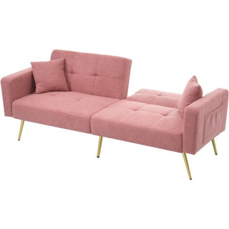 Sofá cama rosa de 2 plazas, respaldo ajustable, ideal para salón o dormitorio, patas doradas, tapizado en imitación lana, 175×64×72 cm