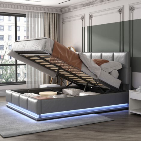 Cama con almacenaje LED para adultos, 140x200cm, cama doble tapizada, hidráulica, somier de láminas, MDF, colchón no incluido, gris oscuro