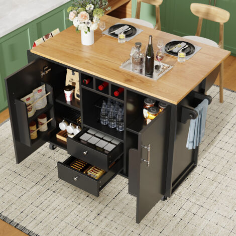 Carrito de cocina con 2 puertas y 2 cajones, mesa plegable y ruedas mueble de almacenaje para salón MDF, negro