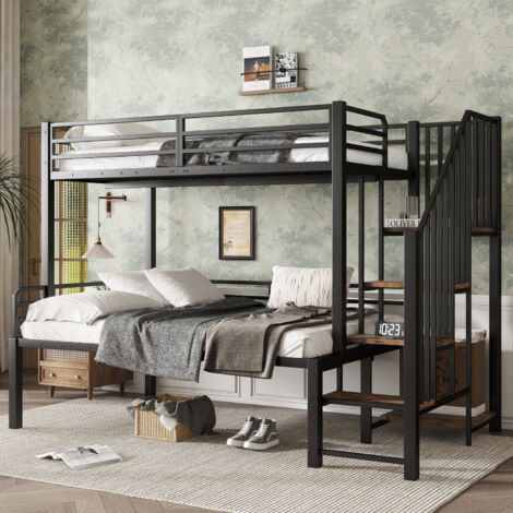 Litera infantil metálica de 90/120x200 cm para 3 personas, con escalera de almacenaje, sistema anticaídas, colchón no incluido, color negro
