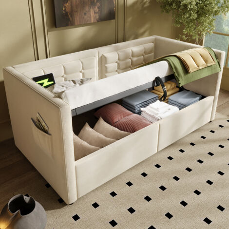 Sofá cama infantil de 90x200 cm, cama individual con almacenaje, hidráulico, USB + Tipo C, sin colchón, terciopelo, beige (1/5)