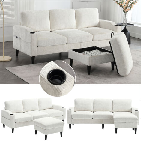 Sofá de tres plazas con reposapiés, dos portavasos, dos bolsillos de almacenamiento, mueble de salón, chenilla, 196×75×77 cm, beige
