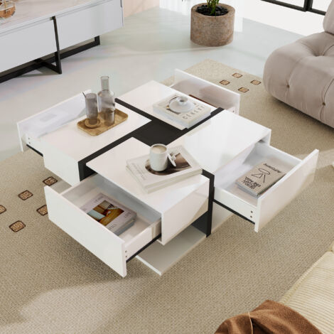 Mesa de centro cuadrada blanca con almacenaje, 4 cajones, mesa auxiliar para sofá, mesa para salón/dormitorio, 78x78x36 cm