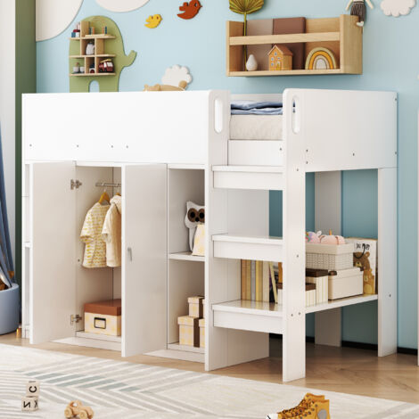 Cama infantil de 90×200 cm con armario y estantes, cama alta, protección anticaídas, colchón no incluido, pino, blanca