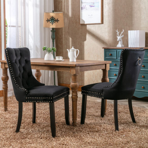 Juego de 2 sillas de comedor tapizadas con 4 patas de madera, para salón/cocina, de terciopelo negro.