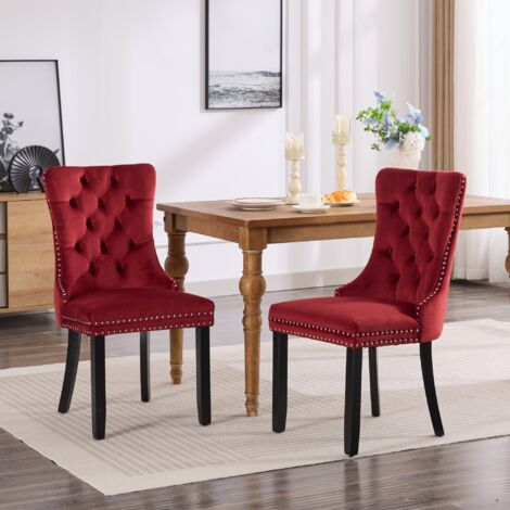 Juego de 2 sillas de comedor tapizadas con 4 patas de madera, para salón/cocina, de terciopelo rojo.