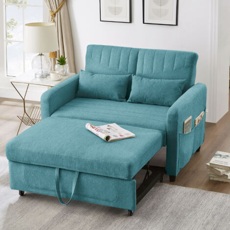 Sofá cama de 2 plazas con bolsillos laterales, respaldo ajustable en 3 posiciones, ideal para salón o dormitorio, tapizado en lino, 114×77×82 cm, color verde