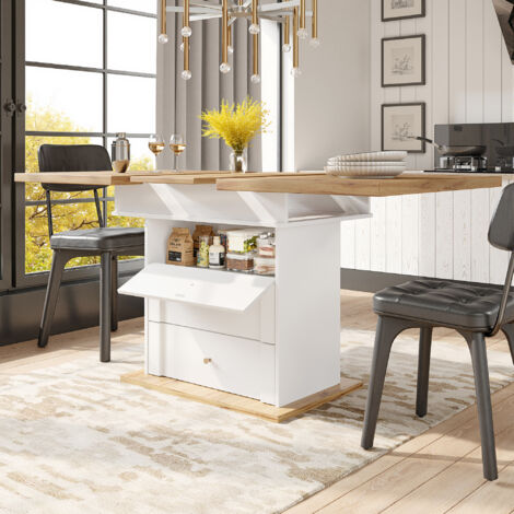 Mesa de comedor extensible de 110-140×80 cm para 4-6 personas, mesa de cocina y salón con 1 puerta y 2 cajones, MDF, blanca