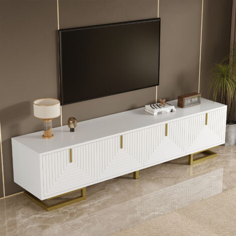 Mueble de TV de 4 puertas con almacenaje, tiradores y patas doradas, armario bajo para salón y dormitorio, 160×38×44cm, blanco