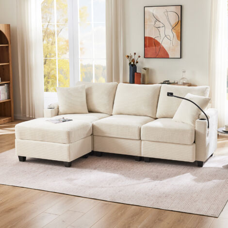 Sofá esquinero de 3 plazas, 2 cojines, sofá en forma de L con reposapiés, portavasos + puerto USB, salón/dormitorio, pana, beige