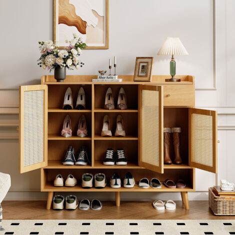 Zapatero con 3 puertas y 1 cajón, tirador metálico, ideal para recibidor y salón, 120×35×106 cm, color natural (1/5)