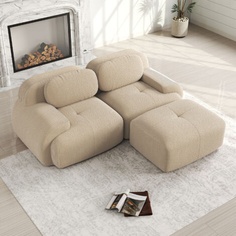 Sofá esquinero de 2 plazas, 208 cm, sofá modular de configuración libre, cojines de espuma, tapizado en pana, color beige