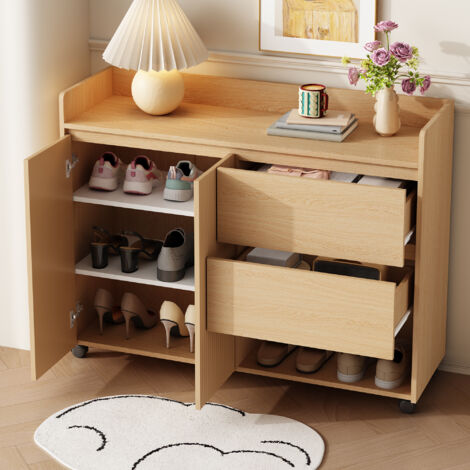 Zapatero con ruedas, 2 puertas, 2 cajones, con estantes ajustables, mueble para recibidor/sala de estar, 110×35×86 cm, natural