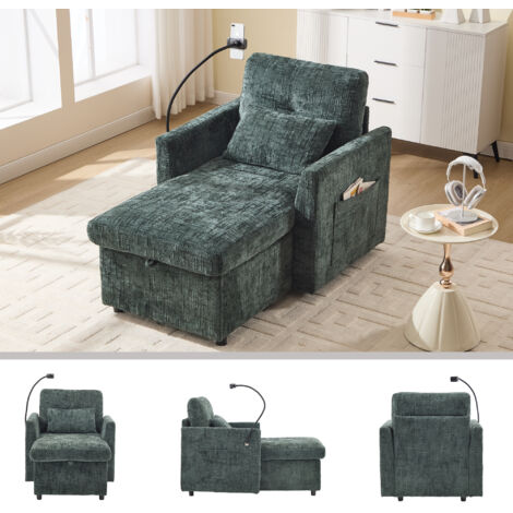 Sofá cama con almacenaje, 1 cojín, 2 bolsillos laterales, soporte para móvil, ideal para salón o dormitorio, tapizado en chenilla, color verde