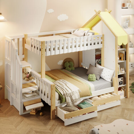 Litera infantil de 90/140x200 cm, de madera, con 2 cajones, escalera con almacenaje, somier de láminas, colchón no incluido, blanca + natural