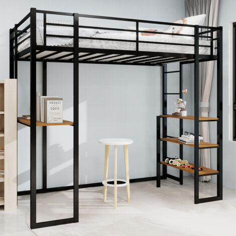 Cama alta infantil de metal de 90x190 cm, individual, con escritorio y 3 estantes, anticaídas, colchón no incluido, color negro (1/5)