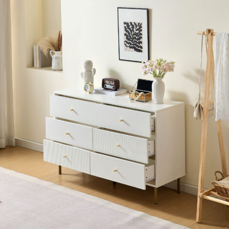 Cómoda de 6 cajones, aparador, mueble de almacenaje - salón/dormitorio/recibidor, patas metálicas, MDF, blanca, 120×40×78 cm