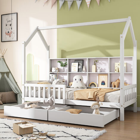 Cama infantil de madera de 90x200 cm, tipo cabaña, individual, con 2 cajones, 8 estantes, anticaídas, sin colchón, blanca