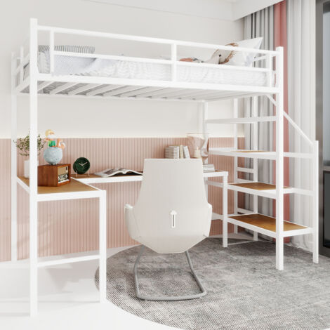 Cama alta infantil de metal de 90x190 cm, individual, con escritorio en forma de L y 3 estantes, anticaídas, colchón no incluido, blanca