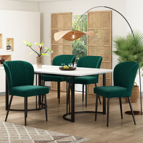 Conjunto de mesa y sillas, 4 sillas de comedor de terciopelo, 1 mesa de MDF, ideal para salón/cocina, blanco y verde