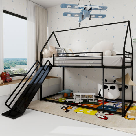Cama alta infantil metálica de 90x190 cm, tipo cabaña con tobogán, diseño de casita, anticaídas, colchón no incluido, color negro